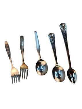 Vintage Baby Utensils Set 5 Teaspoons Forks Silver Stainless